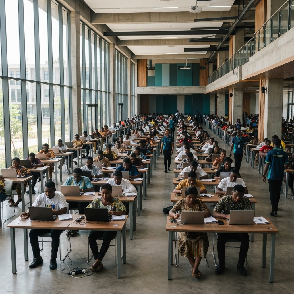 University examination hall with students at laptops