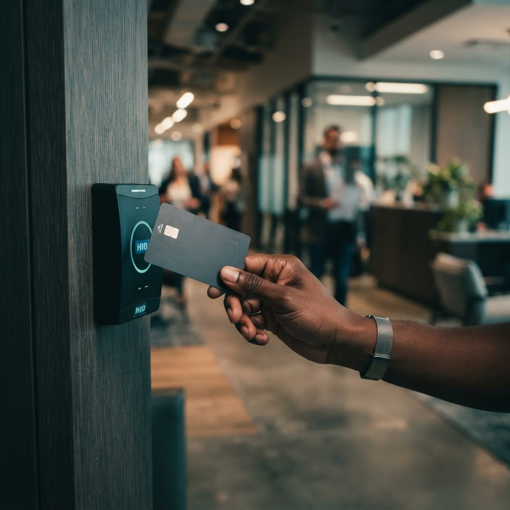 Hand holding a smart ID card near a reader terminal
